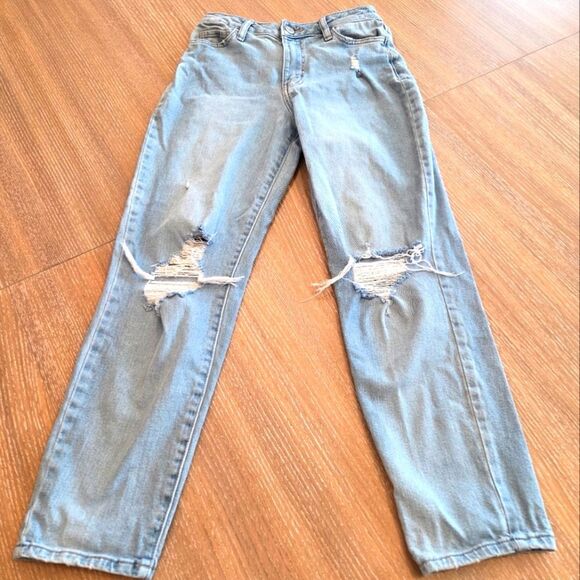 SO Goods For Life High Rise Mom Jeans Light Wash Distressed Factory Tears 25 - Picture 1 of 10